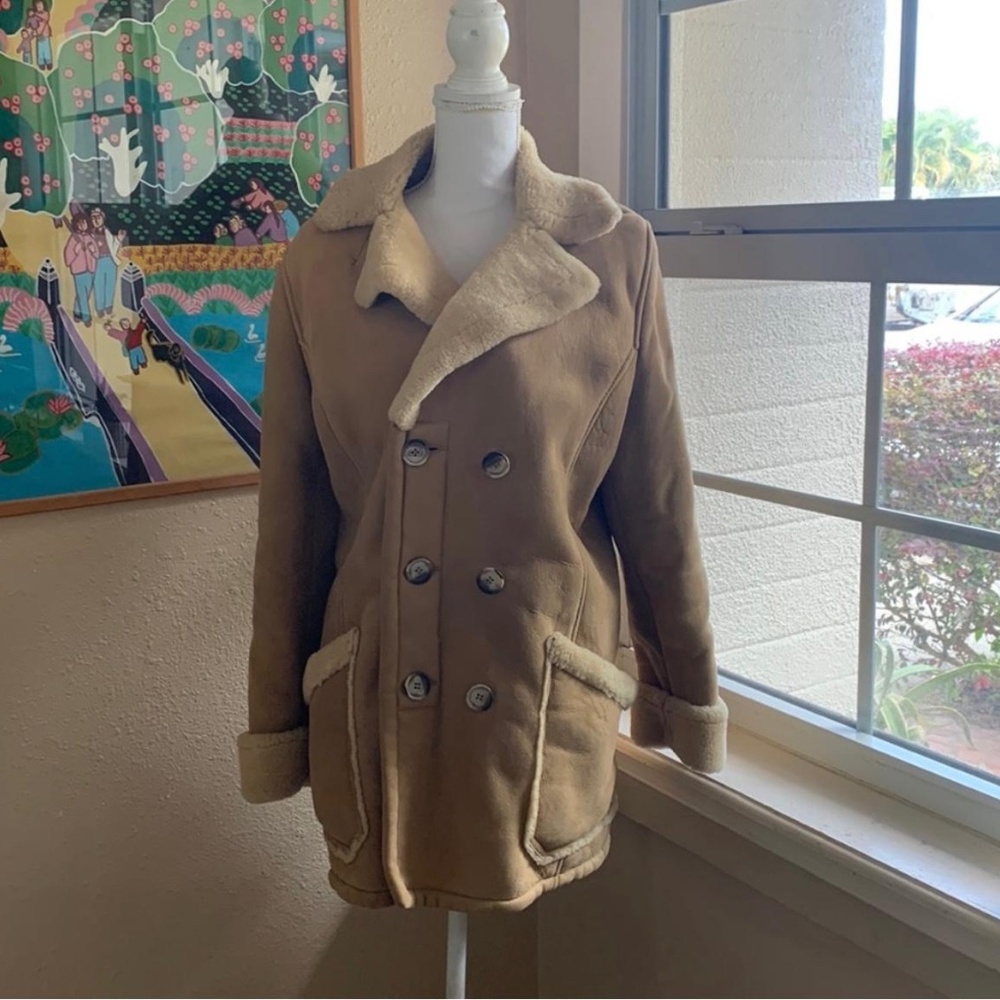 VINTAGE KISTLER SHEEPSKIN SHEARLING COAT JACKET TAN SUEDE 70S WOMENS L - Picture 12 of 13